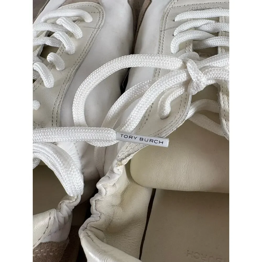 Tory Burch Bicolor Mixed Calf Leather Nylon Trainer Sneakers White Ivory Wms 9.5
